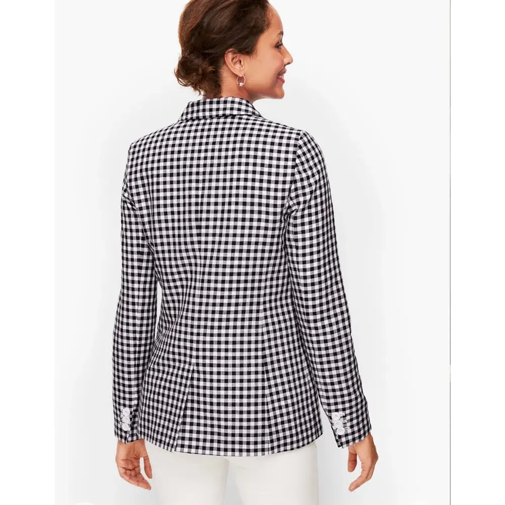 Talbots Womens 12 Petite Black White Gingham Linen Blazer Preppy NEW